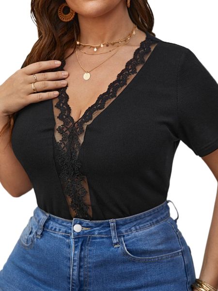 

plus contrast lace ribbed knit tee q5b1#, Black