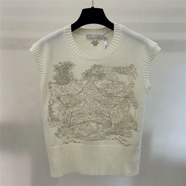 

vests 2022 summer new round neck knitting white star vest gold silk embroidery women's wear clothes_0dgj, Black;white