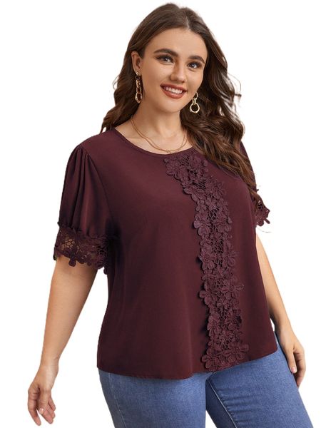 

plus guipure lace panel puff sleeve blouse w2e3#, Black