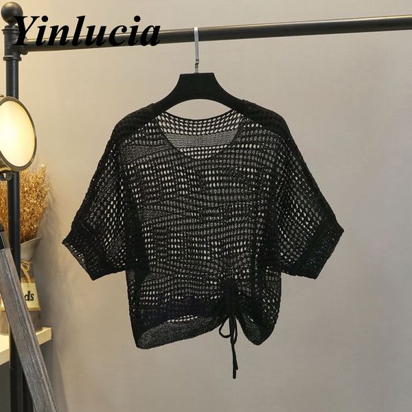 

women blouses knitted openwork fishnet tee drawstring design perspective t shirt street all-match y2k vintage summer casual 220613, White