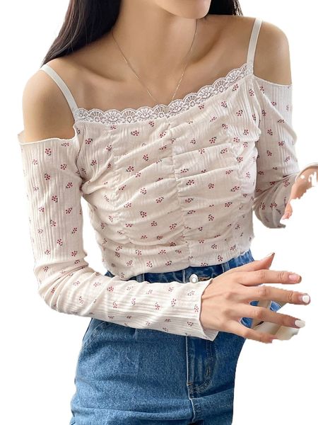 

dazy fruit print eyelet embroidery ruched lace trim cold shoulder tee 17bc#, White
