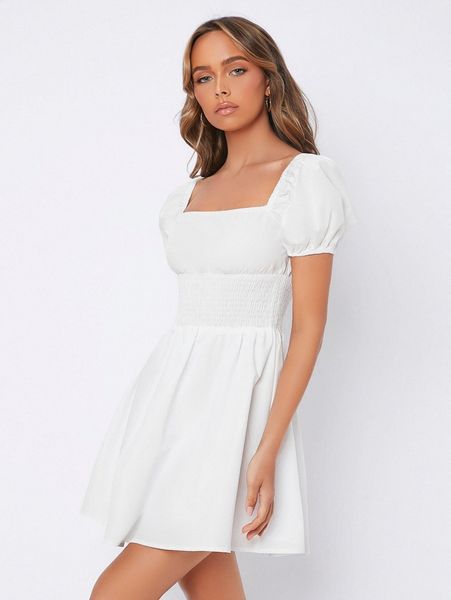 

petite puff sleeve shirred waist square neck dress q8pf#, Black;gray