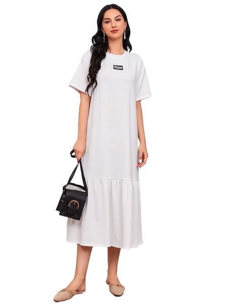

patch detail drop shoulder ruffle hem dress z8ht#, Black;gray