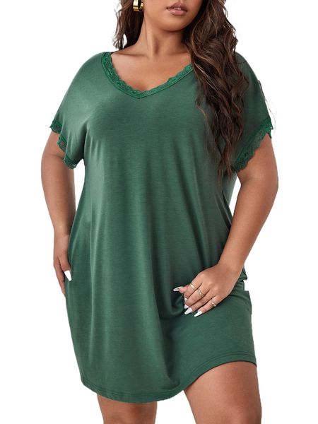 

plus lace trim dolman sleeve nightdress 24ay#, Black;white