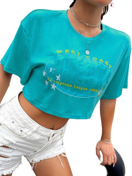

star & letter graphic drop shoulder crop tee k7jo#, White