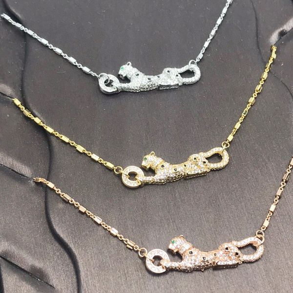 

europe america fashion style women lady brass 18k plated gold necklace with full diamond leopard panther pendant 3 color, Silver