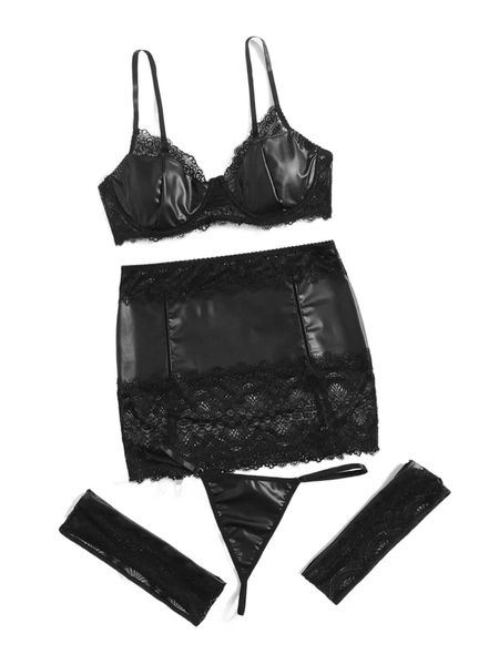 

plus 5pack contrast lace underwire lingerie set 682e#, Black;white