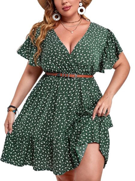 

plus ditsy floral print butterfly sleeve ruffle hem dress z77y#, Black