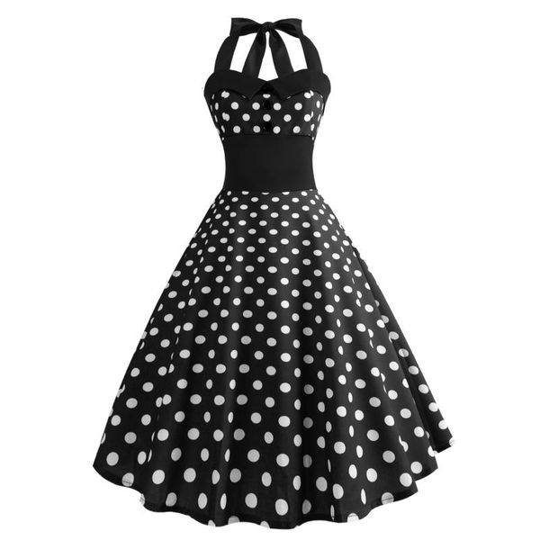 

casual dresses retro polka dot vintage summer dress women strapless halter 50s 60s chic robe rockabilly party a line vestido, Black;gray
