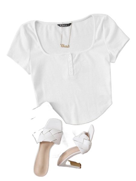 

plus half button square neck curved hem tee r9hk#, Black