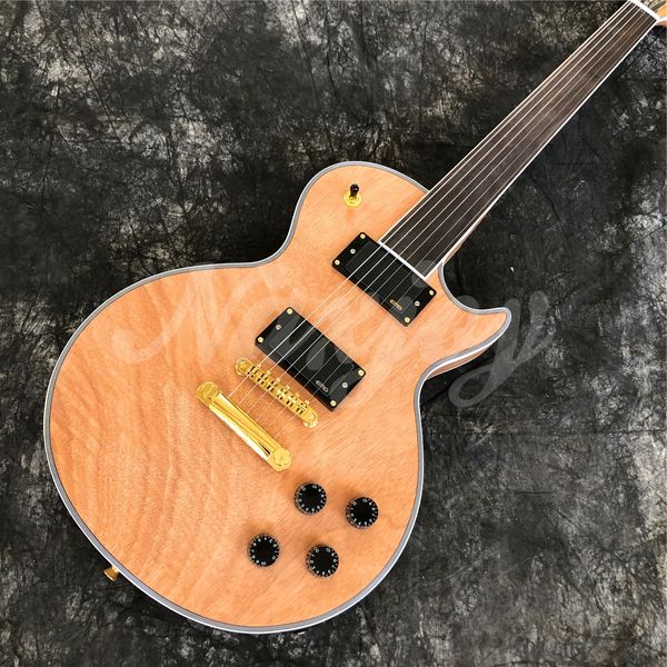 Chitarra elettrica fretless di colore naturale opaco, chitarra elettrica in legno massello con hardware dorato, disponibile