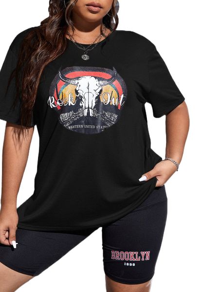 

plus letter & cattle print drop shoulder tee p9ah#, Black