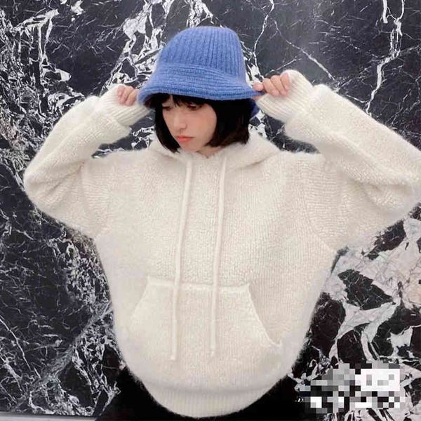 

women's knits tees d family high-end hooded lamb wool sweater women's autumn and winter thickened coat men's same top, White
