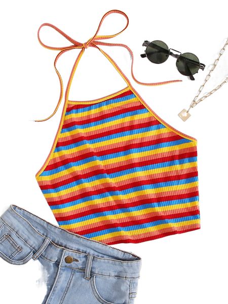 

plus block striped tie backless halter d4lj#, Black