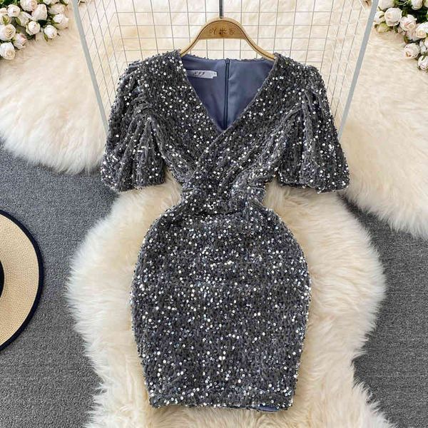 

casual dresses spring 2022 sparkling sequins slim cross v-neck bubble short sleeve hip wrap dress spde, Black;gray