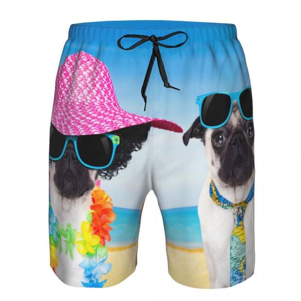 Pantaloncini da uomo Costumi da bagno da uomo estivi Coppia di cani carlino sulla spiaggia con occhiali da sole Cappello Costumi da bagno Costume da bagno da uomo Costume da bagno da uomo