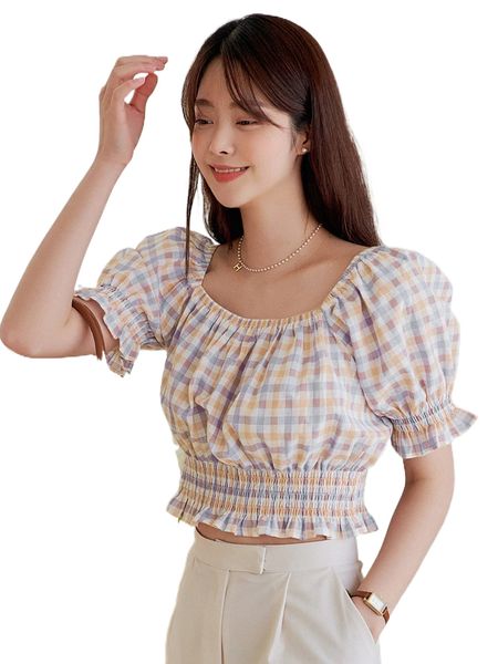

dazy plaid print shirred waist blouse 91vd#, White