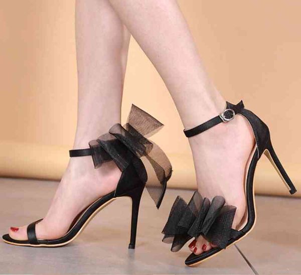 

outlet new big bow women's shoes line buckle mesh silk sandals my3173-12, Black