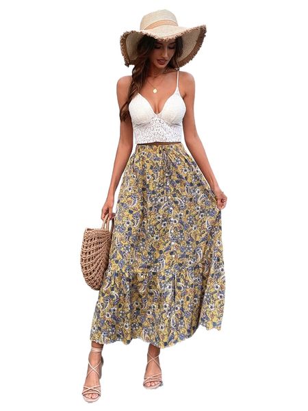 

floral & paisley print tie waist skirt k5rf#, Black