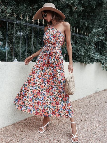 

random allover floral print one shoulder belted dress g0ov#, Black;gray