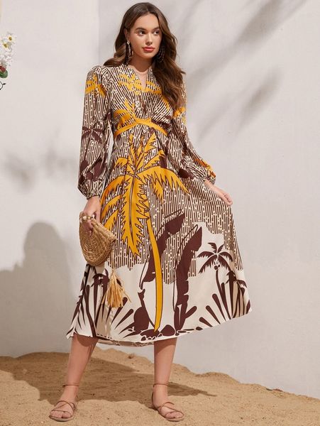 

notched neck tropical print criss cross tie back dress v24l#, Black;gray