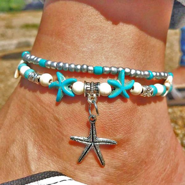 

vintage shell beads starfish anklet ladies new multi-layer bracelet legs ankle handmade bohemian jewelry sandals gifts, Red;blue