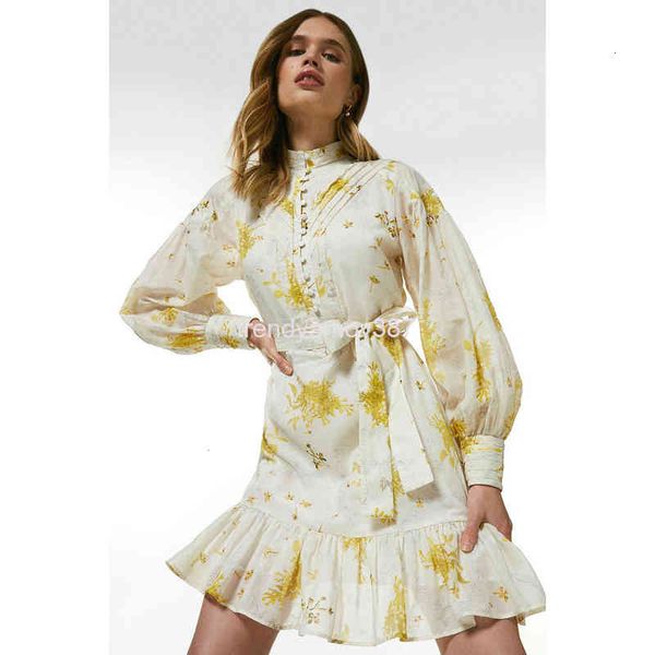 

dresses temperament casual stand collar osmanthus flower printed single breasted short skirt with waist lace up court style high ruffle dres, Black;gray