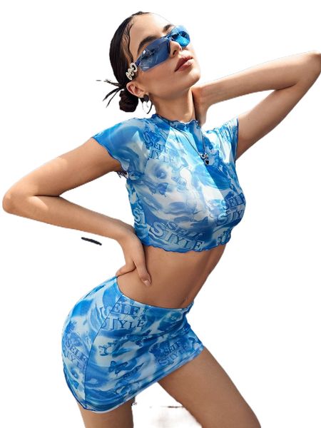 

figure & letter graphic lettuce trim crop & bodycon skirt 54wd#, White