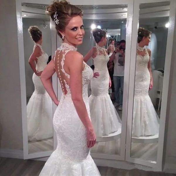 

bridal gowns high neck lace applique sheer back sleeveless mermaid wedding dresses vestidos de noiva back buttons, White