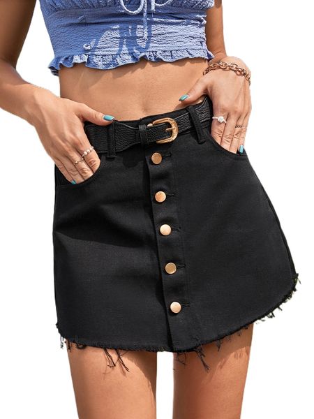 

high waist button front raw trim denim skirt with belt 92hf#, Black