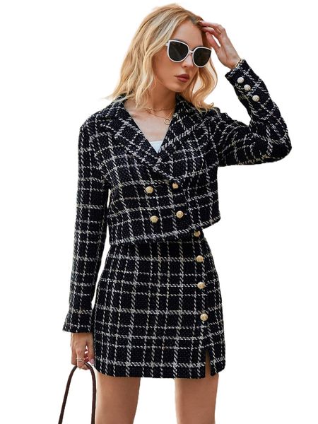

simplee lapel neck double breasted plaid overcoat 29cx#, Black