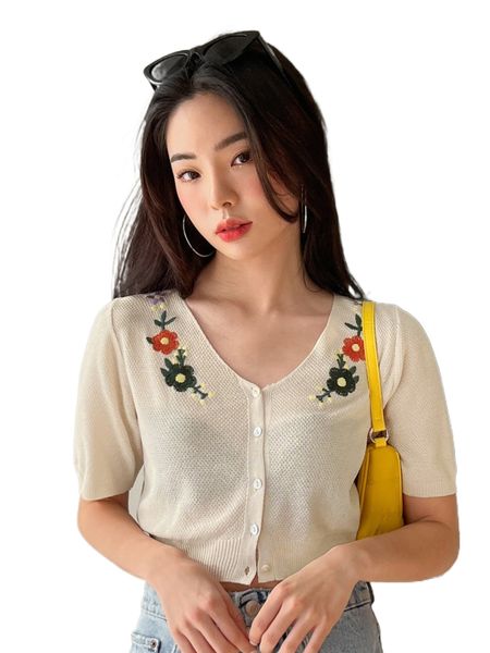 

dazy floral embroidery button through crop without bra w563#, White