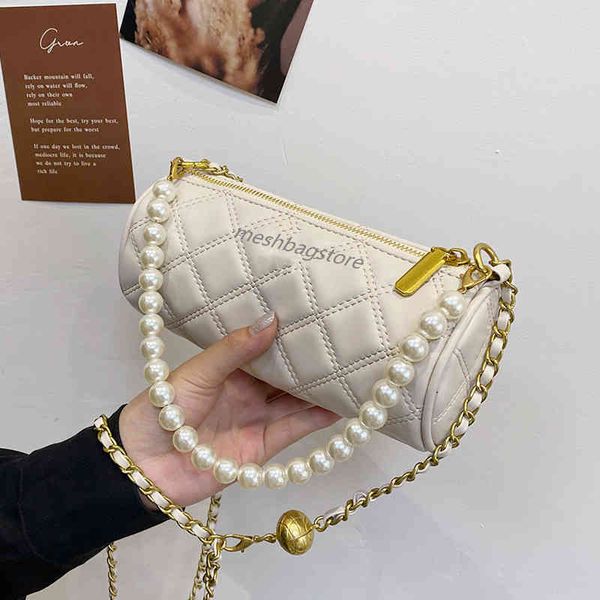 

pearl chain bag women's 2022 summer new fashion net red single shoulder cylinder foreign style ling lattice msenger designer bags