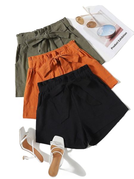 

3pcs slant pocket paperbag waist shorts i7p8#, White;black