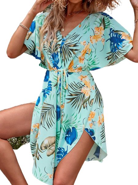 

floral belted split cover up 59pl#, White;black