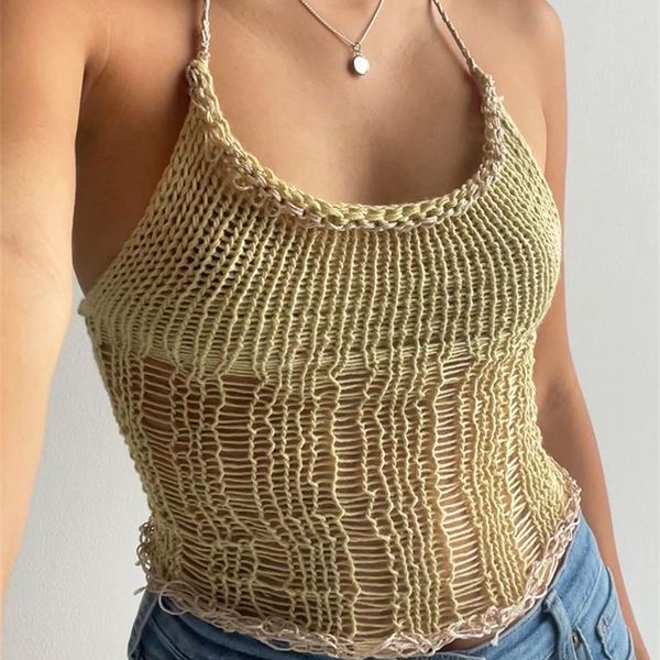 

fsda knitted halter neck y2k crop backless women green casual spaghetti strap summer tank sleeveless cami 220607, White
