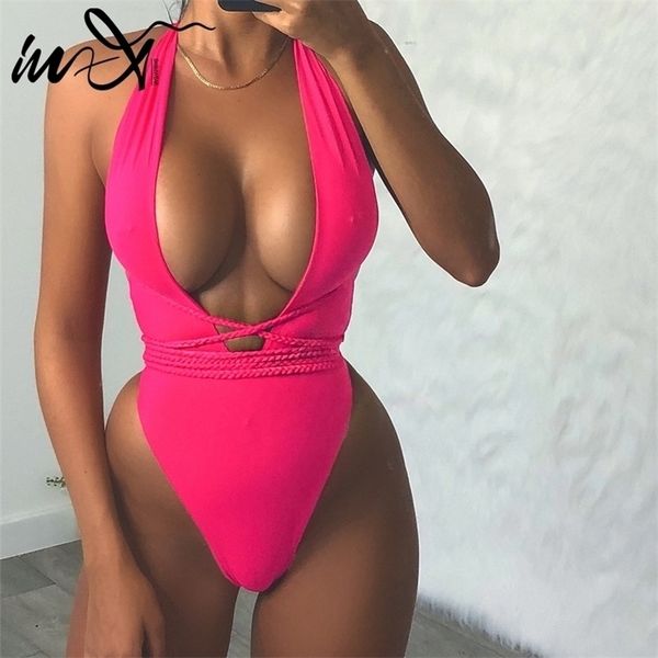 

in x push up bikini 2020 high cut swimwear women zipper swimsuit female monokini lace up bathing suit black 1pc suits t200708, White;black