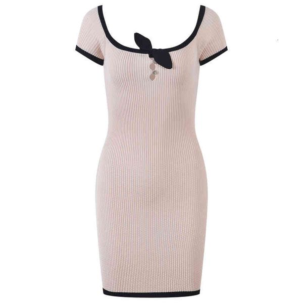 

two piece dress off shoulder square neck pink knitted summer slim bow contrast hip wrap skirt vzam, White