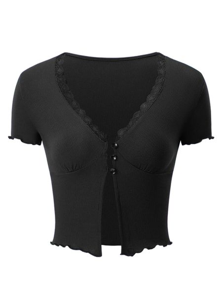 

contrast lace lettuce trim rib-knit crop tee x4hn#, White