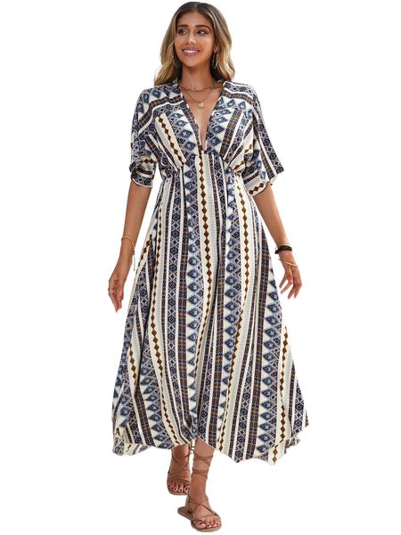 

geo print plunging neck dolman sleeve dress r6qu#, Black;gray