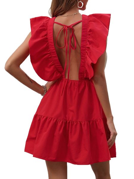 

ruffle trim tie backless dress p4t7#, Black;gray