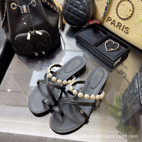 

sandals designer xiaoxiangjia pearl herringbone sandals 2022 spring and summer new woven thick soft sole cover foot light luxury clip toe wo, Black