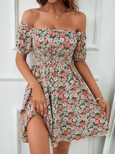 

allover floral print shirred waist off shoulder dress a63z#, Black;gray