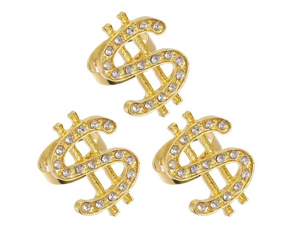 Cristal Dollar Sign Anel para Homens Mulheres Traje Acessórios Money Symbol Zirconia Abra Ouro Anéis de Ouro Hip Hop Rapper Traje Punk Props