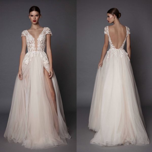

berta backless gowns wedding dresses with short sleeves a-line lace appliqued plunging neck floor length split side plus size bridal gown, White