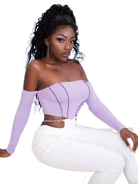 

sxy off shoulder contrast binding crop f13s#, White