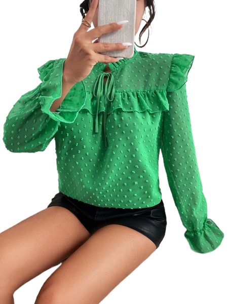 

swiss dot ruffle trim flounce sleeve chiffon blouse h9pw#, White