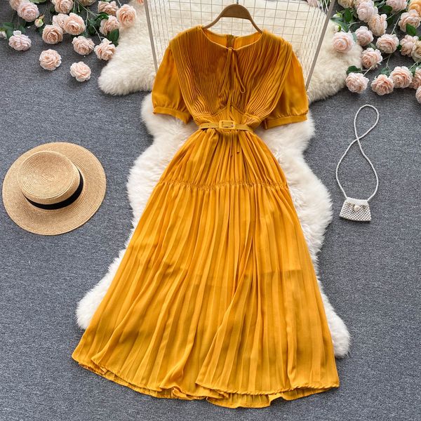 

pleated sashes women bow dress 2022 zipper french style solid fashion o neck slim ladies summer a line long dresses, Black;gray