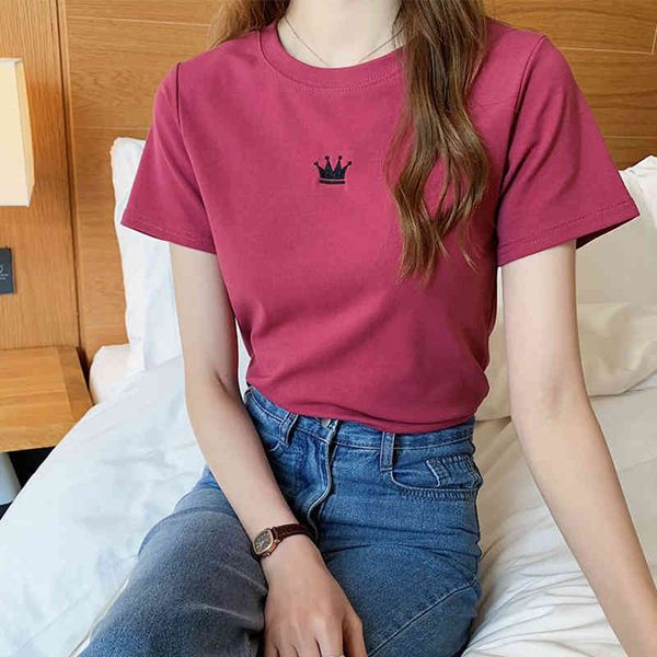 

summer womens fashion embroidered tshirt purple short sleeve loose oneck casual tees plus size female clothing 210412, White