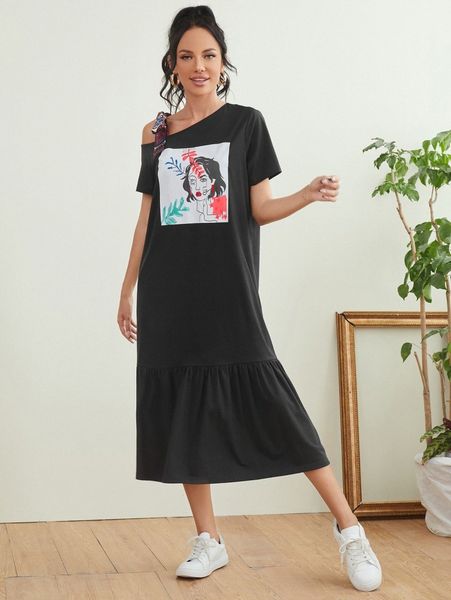 

asymmetrical neck ruffle hem figure graphic dress k0wc#, Black;gray